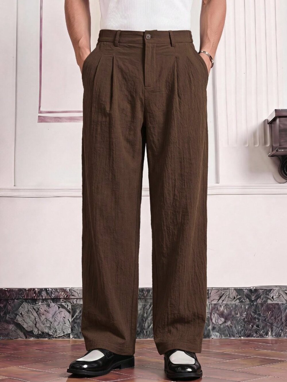 Coffee Brown Casual Men's Button Pocket Business Office Suit Pants